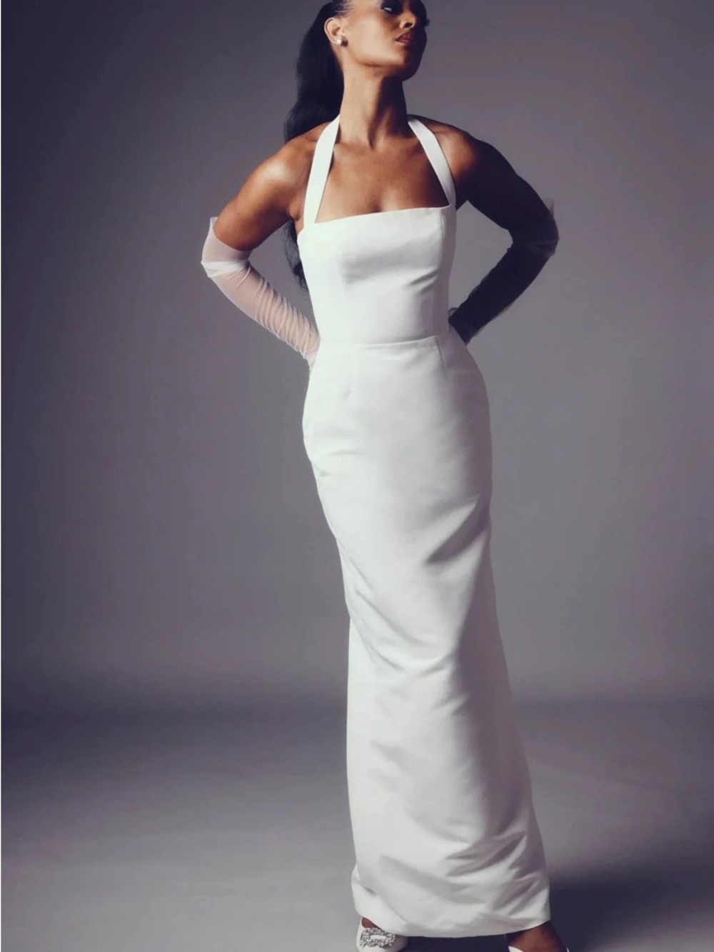 Elegant White Halter Column Wedding Gown